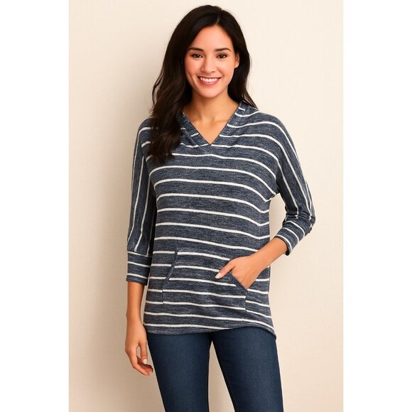 Market & Spruce Navy White Striped Hooded Pullover Tunic | Size L - Picture 1 of 9